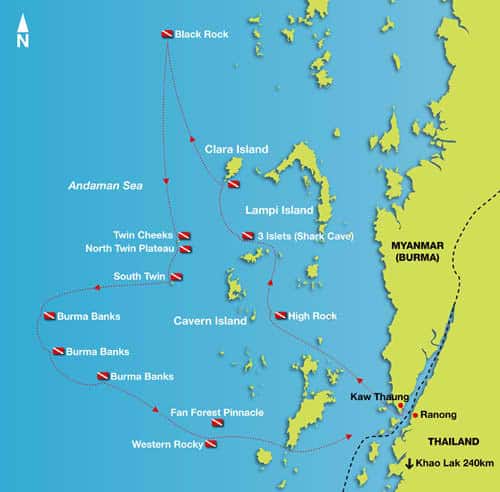 Burma has a handful of diving sites. Some liveaboards even let their guests experience the delightful sight found in Thai coast before crossing over into the Burmese waters.